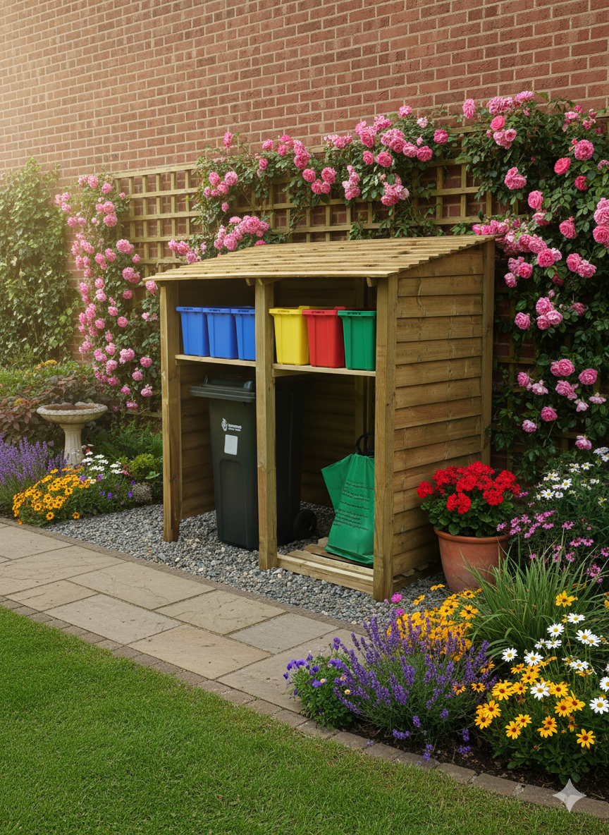 Wheelie bin and recycling box storage