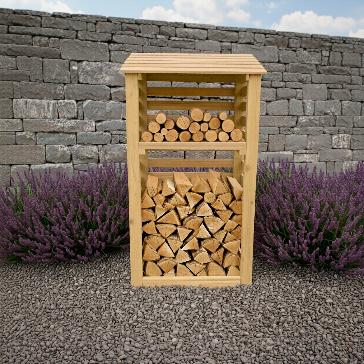 Slatted tall log store